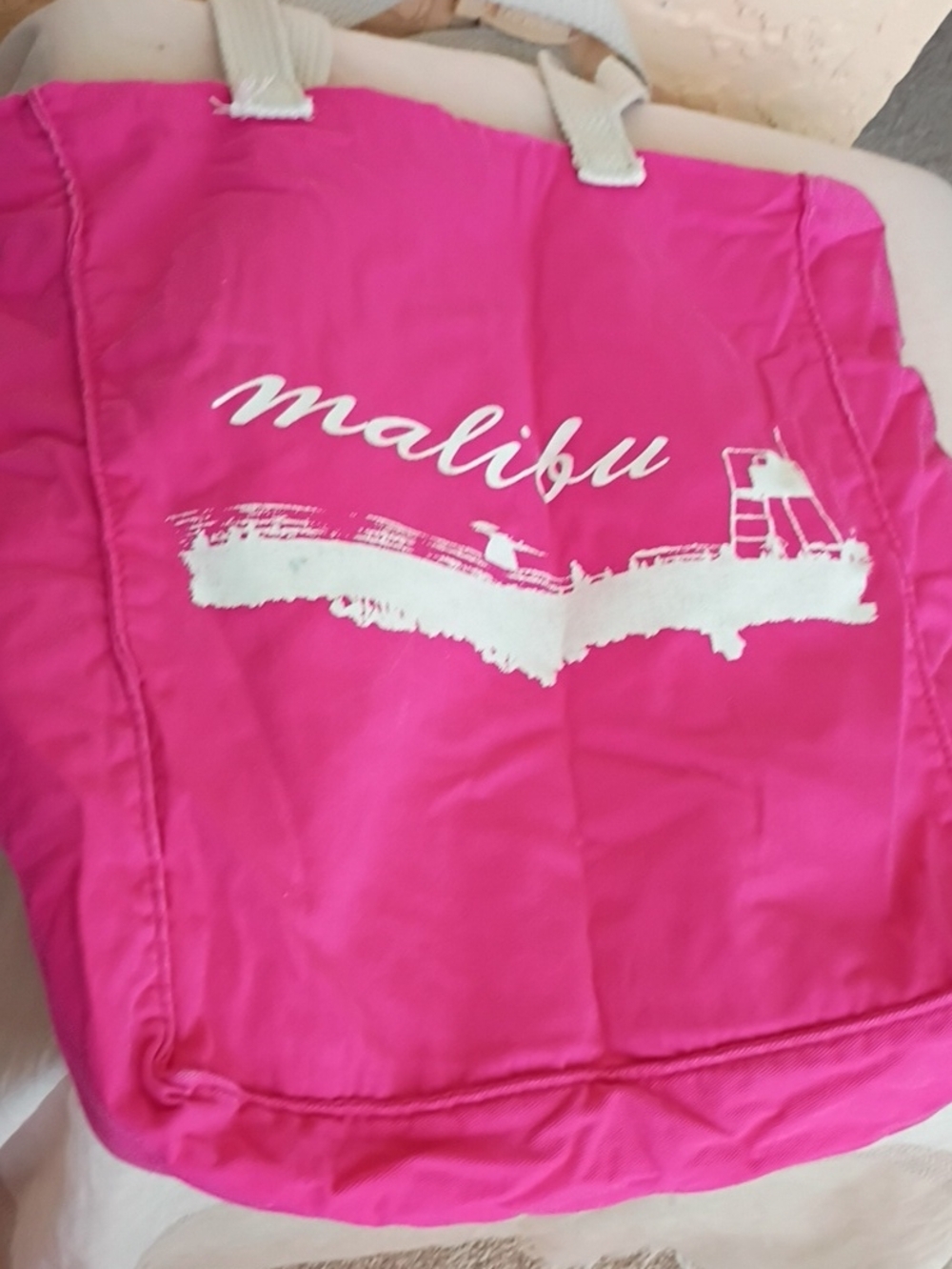 Malibu Hot Pink Tote with White Script Graphic Vintage